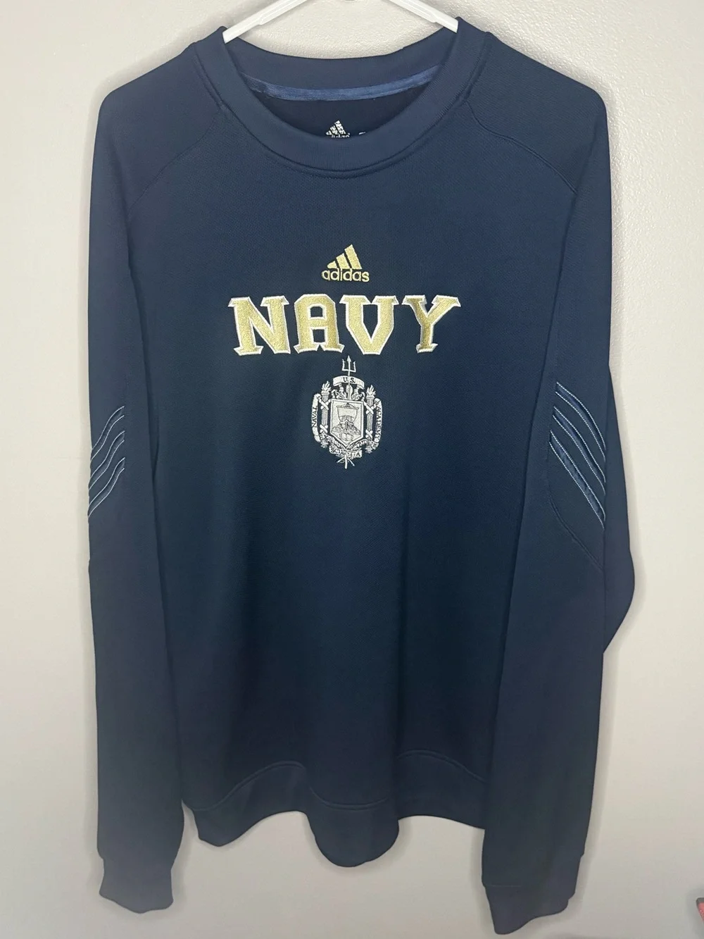 Adidas ClimaWarm Men's Blue Embroidered Navy 3 Stripe Crewneck Fleece Sweatshirt